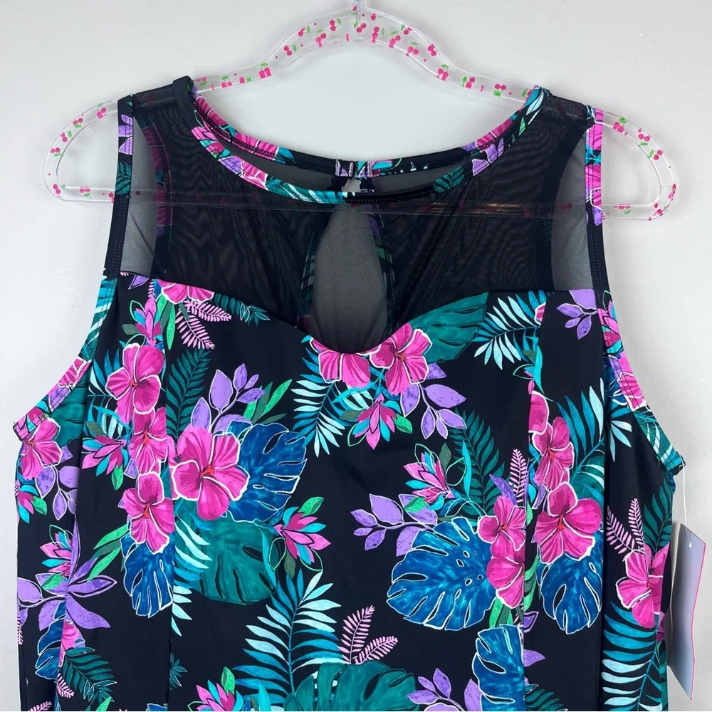 Tropical Floral Mesh-Trim Swim Coverup in Black & Pink